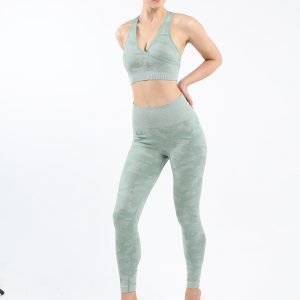 Seamless yoga wear bra legging set bean green Camo